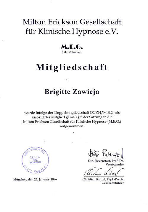 Mitgliedschaft bei der M.E.G. in München seit 1996 